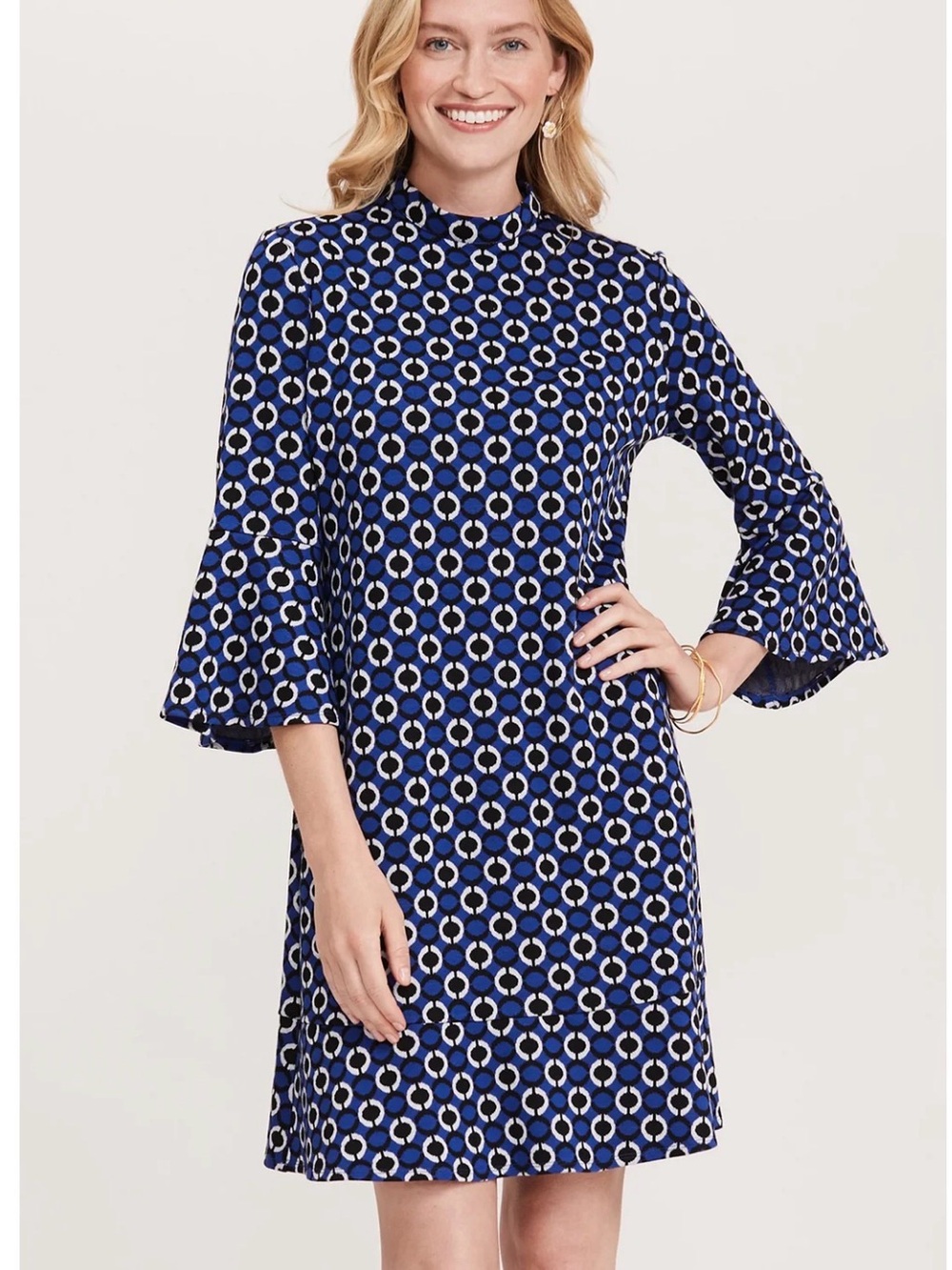 Tyler Boe Mindy Jacquard Sheath Mock Neck Blue Geometric Bell Sleeve Dress